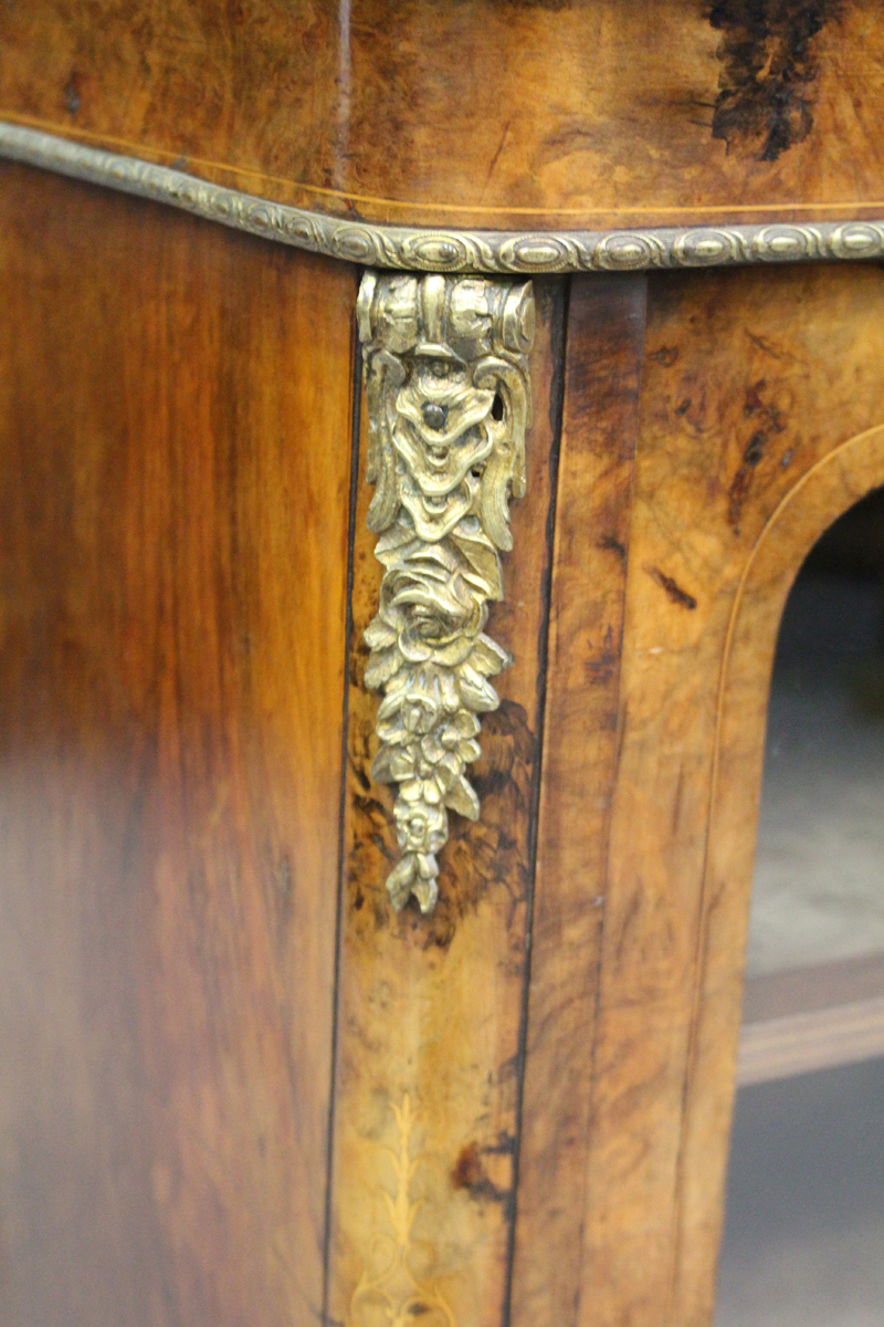 A mid-Victorian burr walnut and boxwood inlaid music cabinet with gilt metal mounts, the glazed door - Image 4 of 5