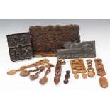 A group of 20th century carved wooden items, including an oak bookstand, carved with opposing