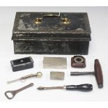 A small group of collectors' items, including a mid-19th century tole painted cash box, inscribed '