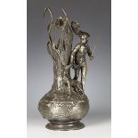 An Art Nouveau WMF plated pewter figural vase, the naturalistic neck and body supporting a semi-clad