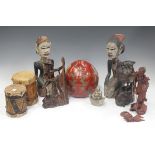 A small group of ethnic items, including a South-east Asian papier-mâché box of peach form,