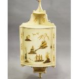 A George V white chinoiserie bowfront hanging corner cabinet decorated by Wilfred Frost, the