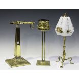 An Edwardian brass table lamp, probably from a Pullman carriage, height 43cm, together with two