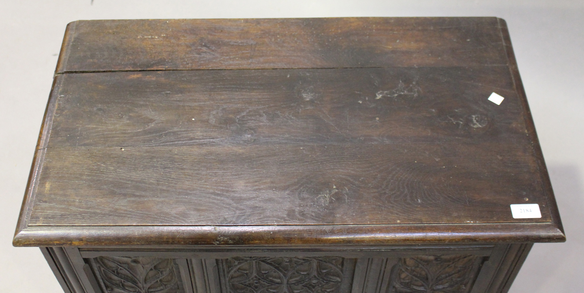 A 20th century Gothic Revival oak coffer, the front inset with three tracery panels, height 58cm, - Image 3 of 3