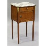 An early 20th century French walnut bedside cabinet with marble top and gilt metal mounts, height