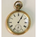 An Omega gilt metal cased keyless wind open-faced pocket watch, the signed jewelled lever movement