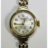 A Rotary 9ct gold circular cased lady's bracelet watch, the signed silvered dial with gilt Arabic