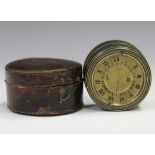 A mid-19th century brass cylindrical cased alarm timepiece, the dial with Roman numerals and