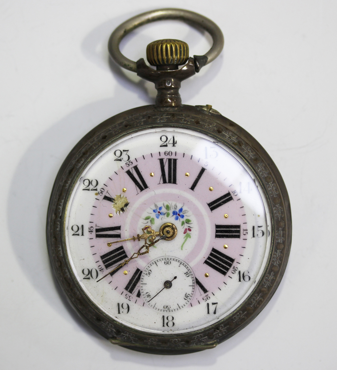 A keyless wind open-faced gentleman's pocket watch with unsigned jewelled cylinder movement, the