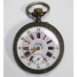 A keyless wind open-faced gentleman's pocket watch with unsigned jewelled cylinder movement, the