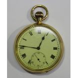 An 18ct gold keyless wind open-faced gentleman's pocket watch with jewelled movement, the white