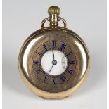 A 9ct gold half-hunting cased keyless wind gentleman's pocket watch, the jewelled movement