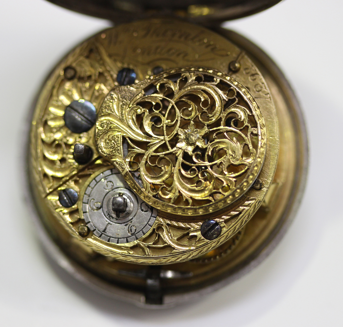 A George III silver pair cased key wind open-faced gentleman's pocket watch, the gilt fusee movement - Image 11 of 14