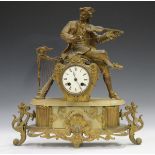 A late 19th century French gilt spelter and alabaster mantel clock with eight day movement