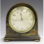 A George V chinoiserie cased mantel timepiece, the circular silvered dial with Arabic hour