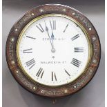 A late Victorian inlaid beech circular cased wall timepiece with brass eight day single fusee