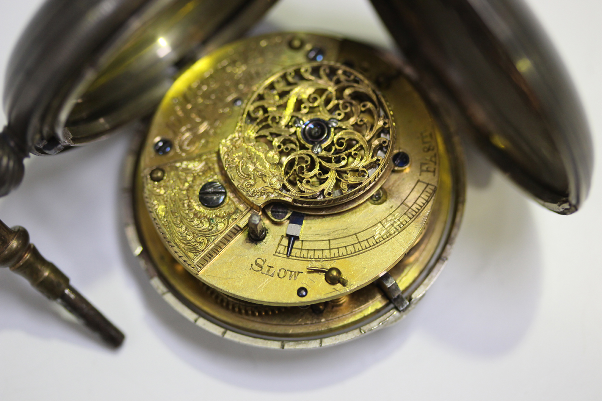 A silver hunting cased gentleman's pocket watch with gilt fusee movement, the backplate detailed ' - Image 3 of 7