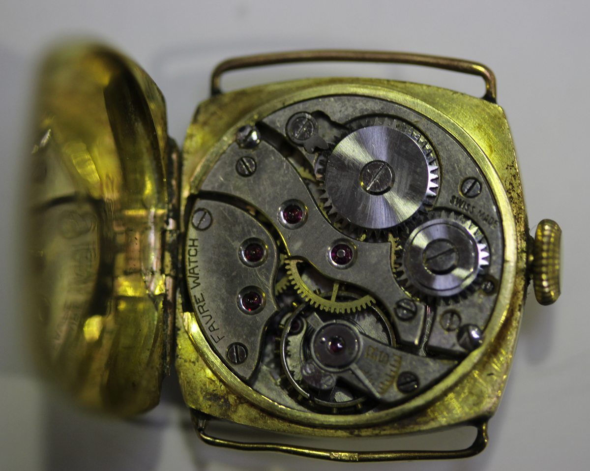 An 18ct gold cushion cased lady's wristwatch, the jewelled movement detailed 'Favre Watch', import - Image 5 of 8