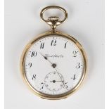 A gold cased keyless wind open-faced gentleman's pocket watch, the gilt jewelled lever movement