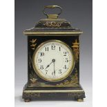 A George V black chinoiserie cased mantel timepiece, decorated by Wilfred Frost, the white