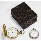 An American gilt metal hunting cased keyless wind pocket watch, the jewelled movement detailed '