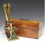 A late 19th century lacquered, oxidized and black enamelled brass binocular microscope by Smith,