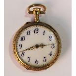 A two colour gold cased keyless wind open-faced lady's fob watch with unsigned gilt cylinder