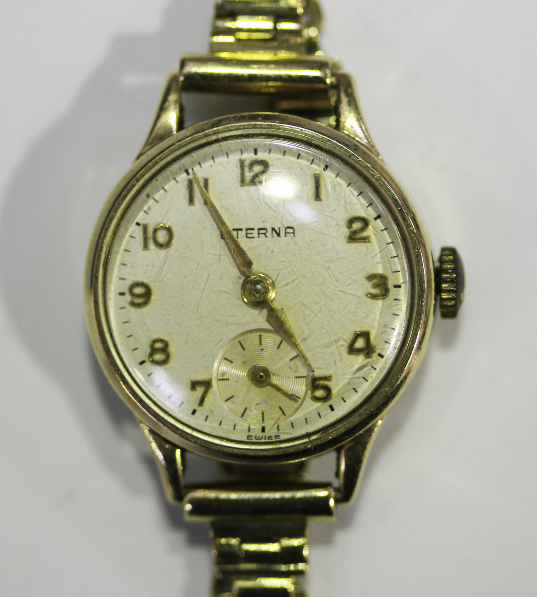 An Eterna 9ct gold cased lady's wristwatch, the signed silvered dial with gilt Arabic numerals,