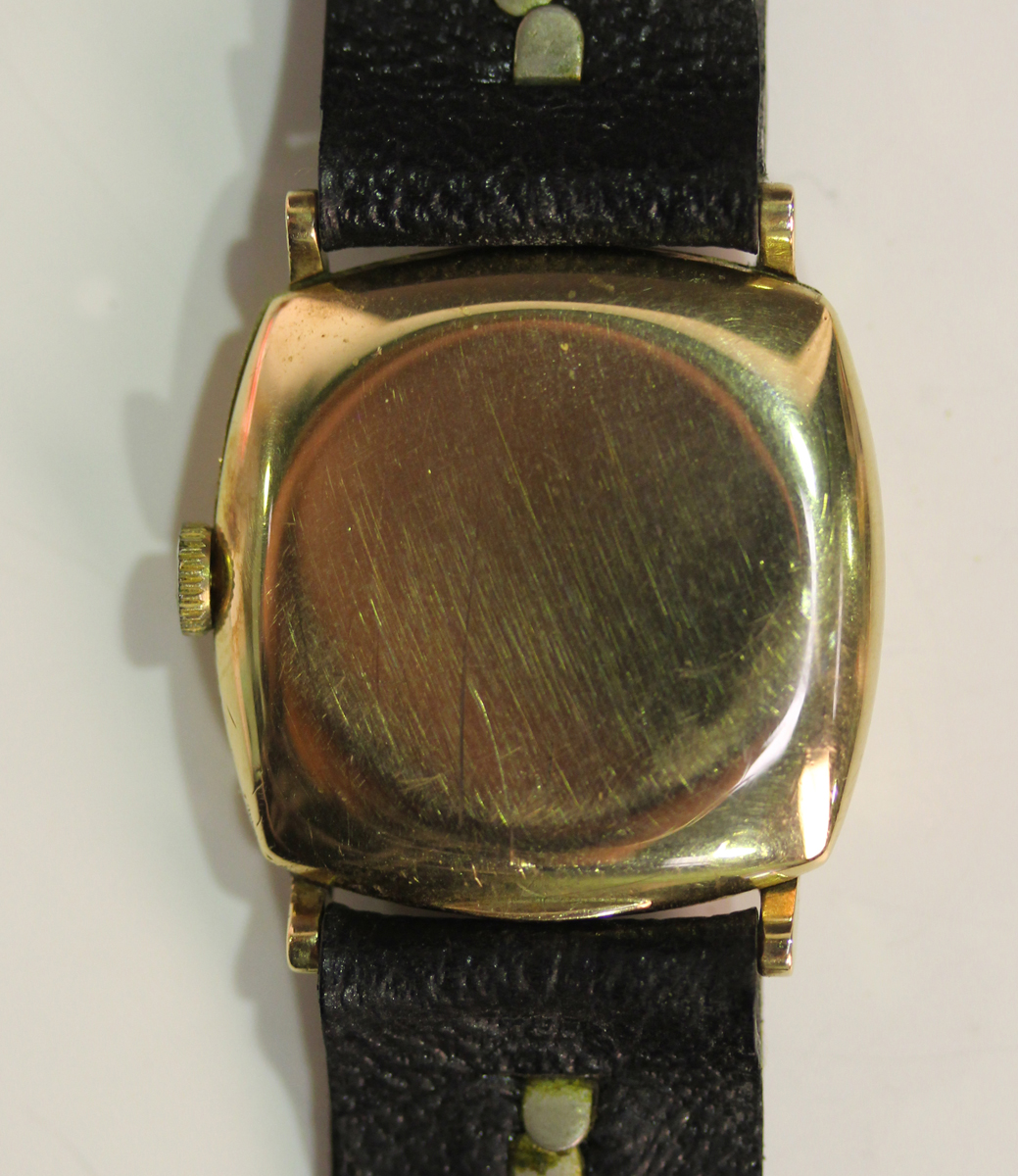 A Movado 9ct gold cushion cased gentleman's wristwatch, the circular jewelled movement detailed ' - Image 6 of 6