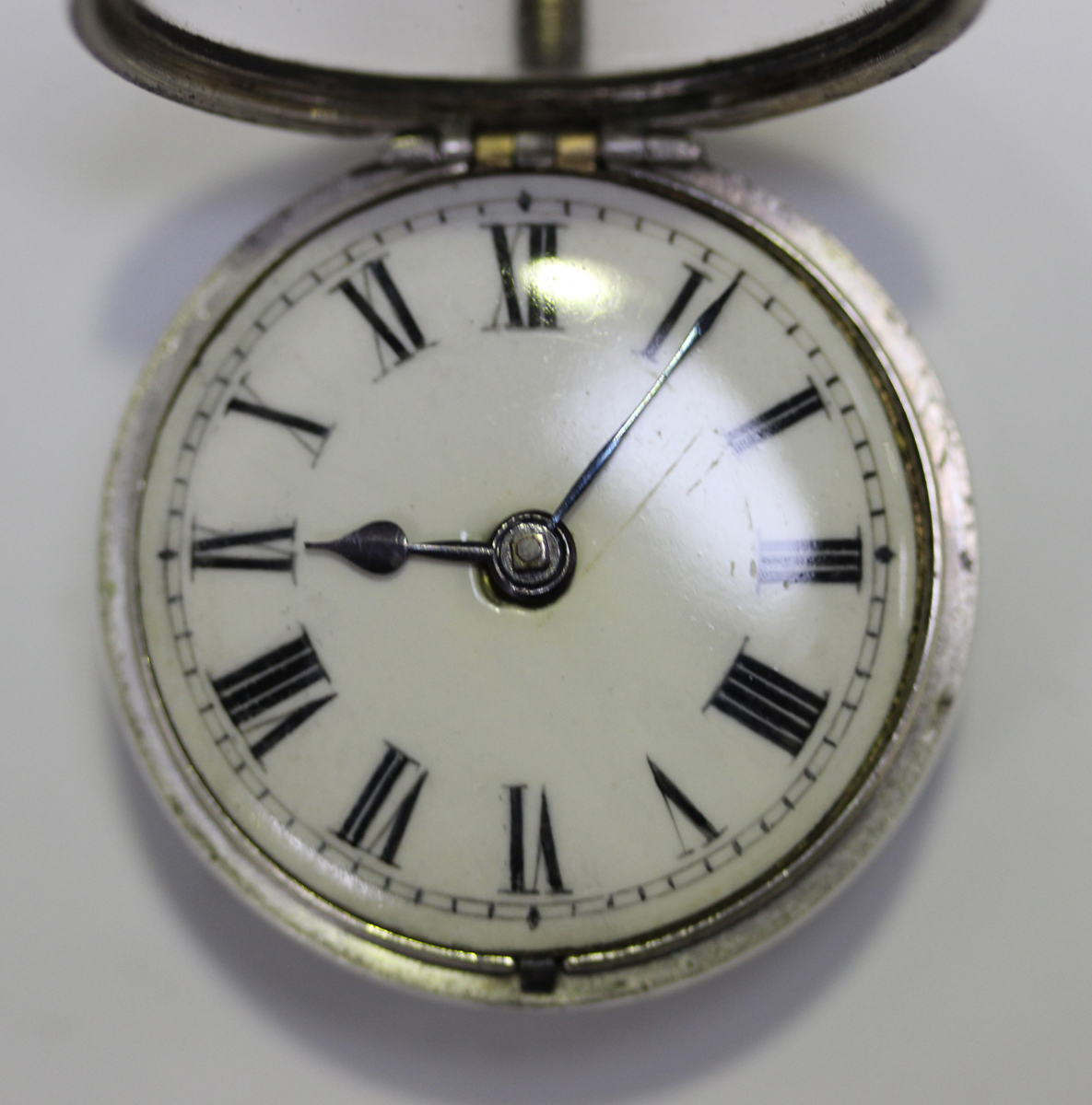 A George III silver pair cased key wind open-faced gentleman's pocket watch, the gilt fusee movement - Image 12 of 14