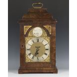 A mid-18th century walnut bracket clock, the brass four pillar eight day single fusee movement