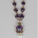 A gold, amethyst, rose cut diamond and seed pearl necklace, the front with the principal heart