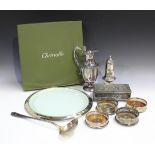 A collection of assorted plated items, including a Christofle plated and glass circular cheese tray,