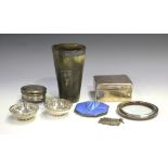 A small collection of silver items, including a silver and blue enamel compact, Birmingham 1934, a