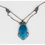 A Murrle Bennett & Co silver and blue and green enamelled pendant necklace in a drop shaped