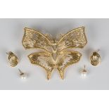 A Christian Dior gilt metal brooch, designed as a butterfly, width 8cm, a pair of 9ct gold