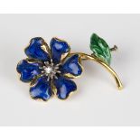 A gold, diamond, blue and green enamelled brooch, designed as a single flower stem, claw set with