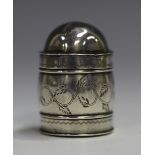 A George III silver nutmeg grater, the swollen cylindrical body engraved with foliage, one end