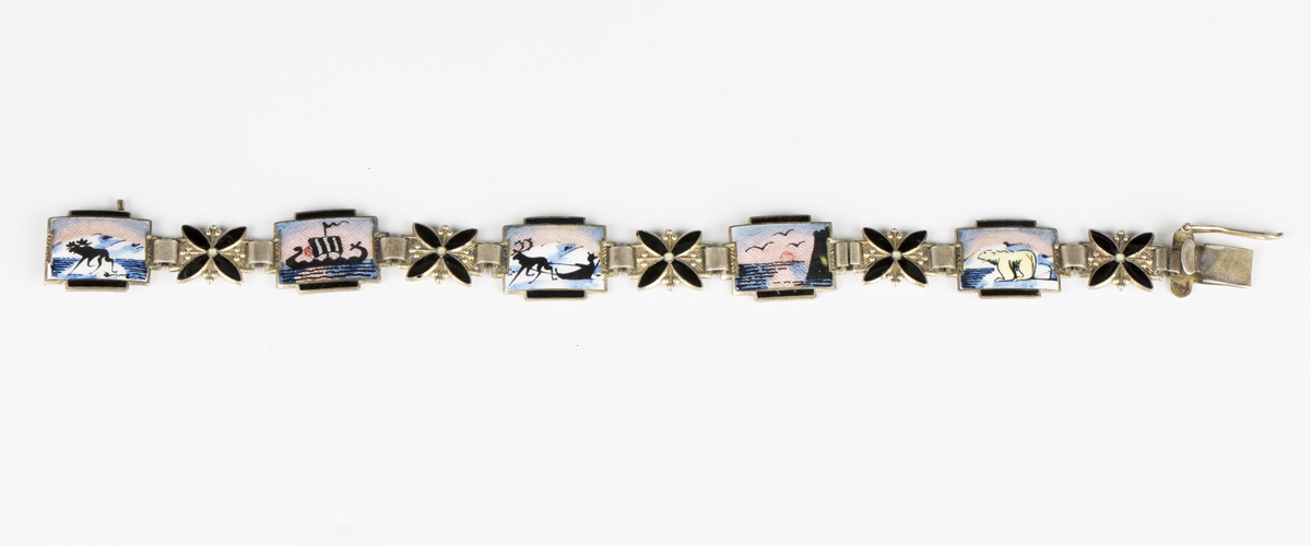 A Norwegian silver and enamelled panel link bracelet by Aksel Holmsen, each link decorated with a