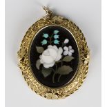 A gold mounted oval Florentine pietra-dura pendant in a floral design, the surround with applied