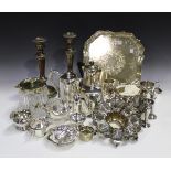 A collection of assorted plated items, including a pair of 19th century Sheffield plate