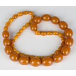 A single row necklace of sixteen graduated oval butterscotch coloured opaque amber beads with