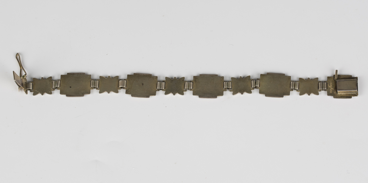 A Norwegian silver and enamelled panel link bracelet by Aksel Holmsen, each link decorated with a - Image 4 of 4