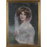 British School - Portrait of a Lady with a Headscarf, pastel, 75cm x 53.5cm, within a gilt frame.