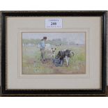 Robert Meyerheim - 'In Holland' (Man feeding Calves), watercolour and gouache, signed recto,