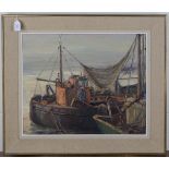 Louis Montaigu - Harbour Scene with Moored Trawlers, 20th century oil on panel, signed, 48cm x 59cm,