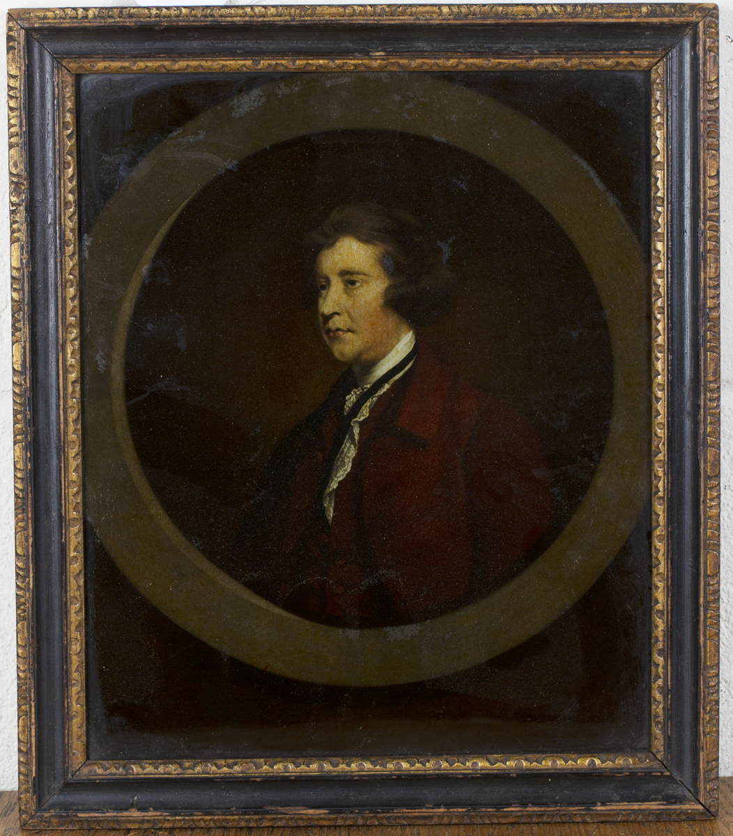 A late 18th century reverse coloured print on glass, Portrait of a Gentleman, 30.5cm x 25.5cm,