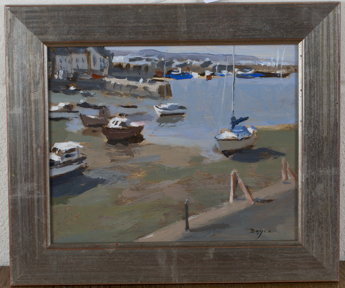 John Boyce - View of Beached Boats, late 20th century oil on board, signed recto, label verso,
