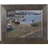 John Boyce - View of Beached Boats, late 20th century oil on board, signed recto, label verso,