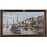 Gordon Allen - Boats Moored in Brixham Harbour, oil on canvas, signed, 54cm x 100.5cm, within a